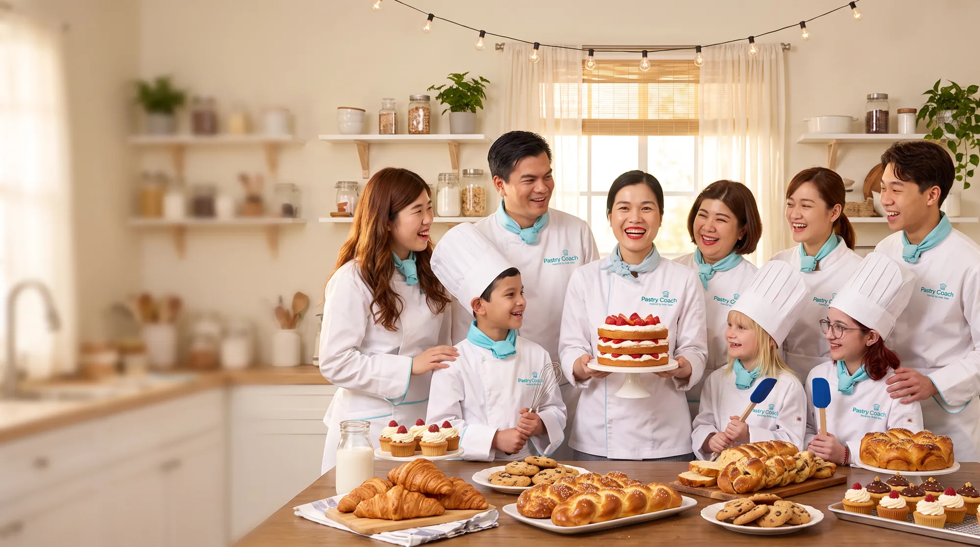 Jullia Trần cùng các học viên Pastry Coach, người lớn và trẻ em, bên bàn bánh tự tay làm