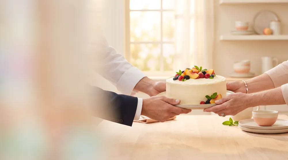 Nhiều bàn tay cùng trao tay một chiếc bánh — biểu tượng của sự đồng hành