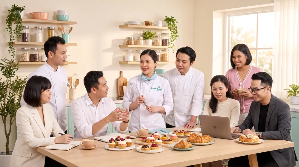 Đội ngũ mentor MPC cùng Jullia Trần trong studio bếp
