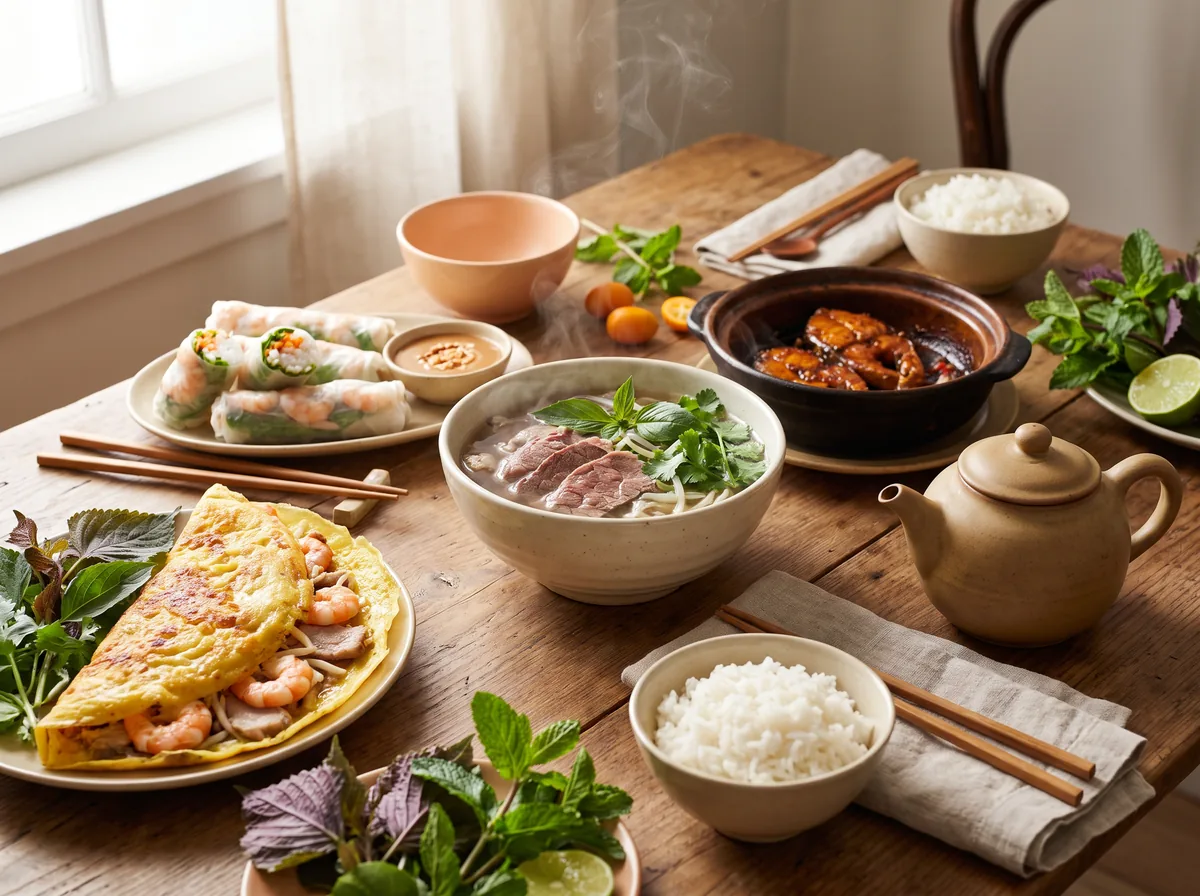 Phở, bánh xèo, gỏi cuốn và cá kho tộ trên bàn gỗ