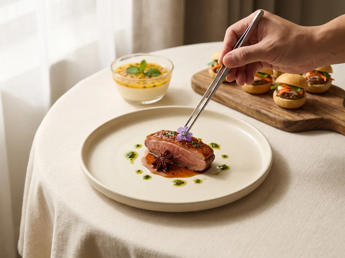 Món ức vịt sốt hồi phong cách fusion được hoàn thiện trên đĩa gốm