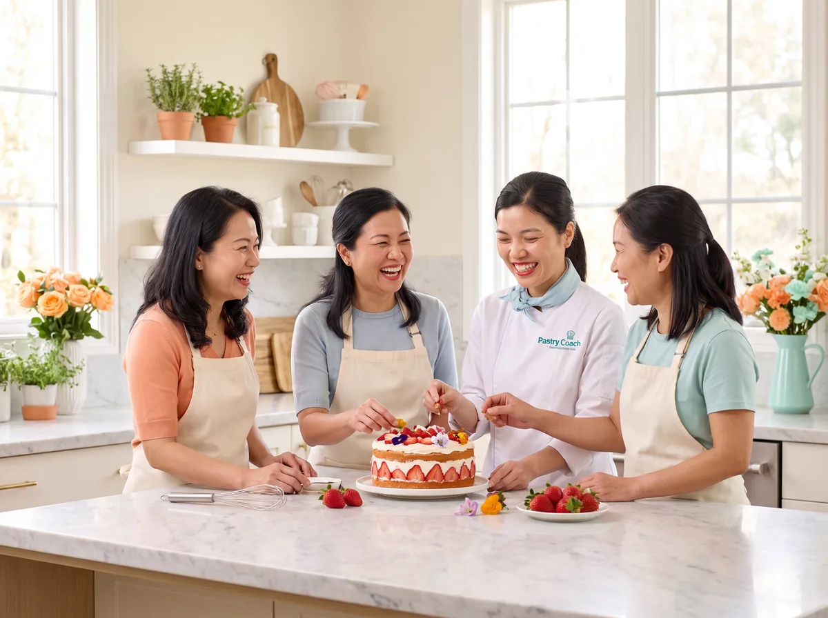 Jullia Trần cùng các học viên trang trí bánh kem dâu