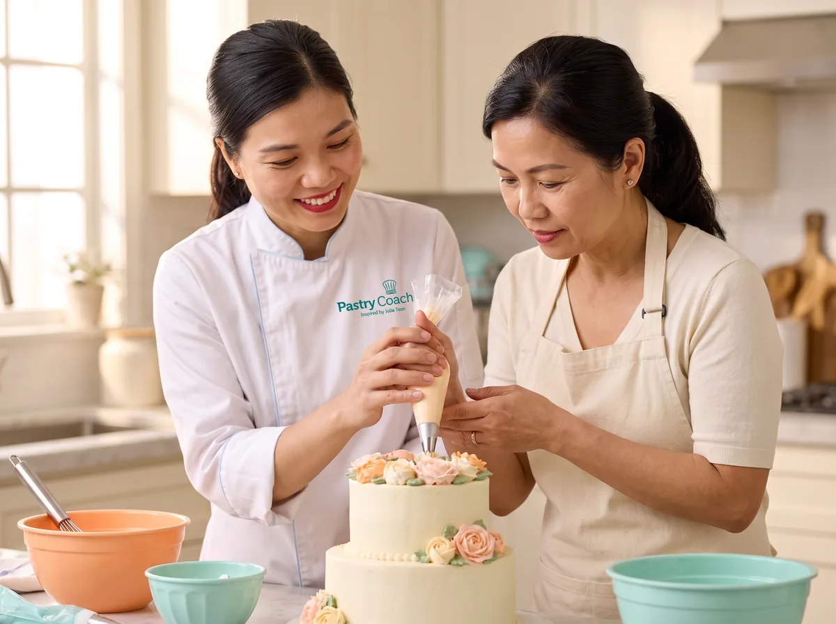 Jullia Trần cầm tay hướng dẫn học viên bắt hoa kem